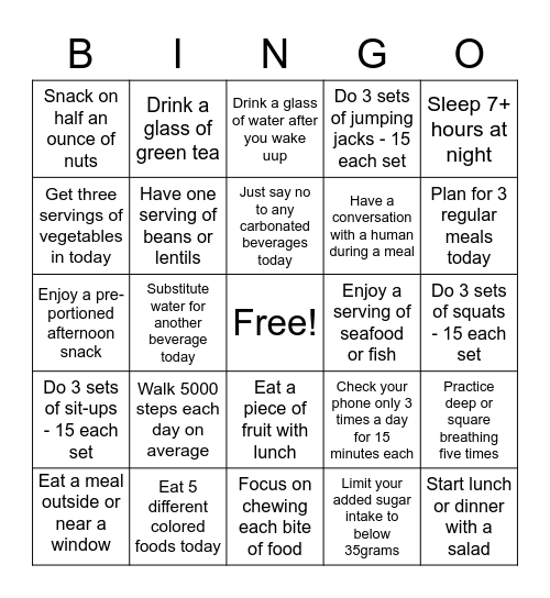 Healthy Habits Bingo Card