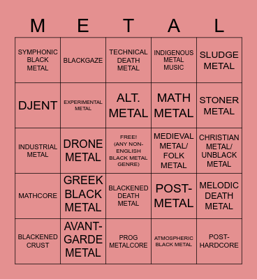 METAL GENRES Bingo Card