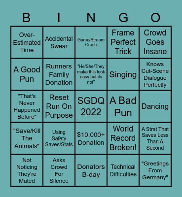 SGDQ 2022 Bingo Card