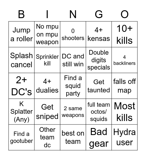 Splatoon 2 Bingo Card