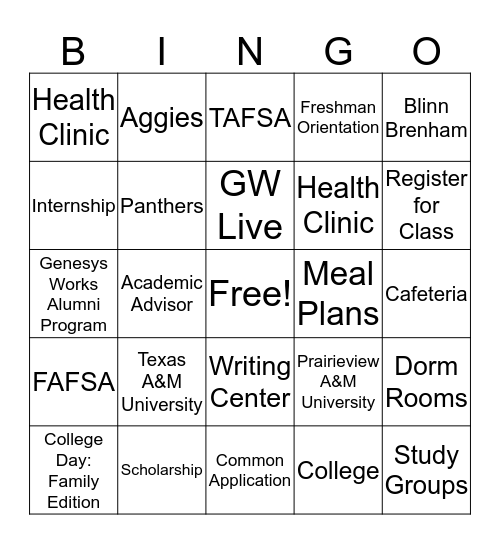 GW College Bingo Card