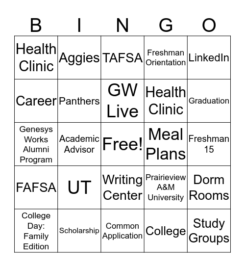GW College Bingo Card