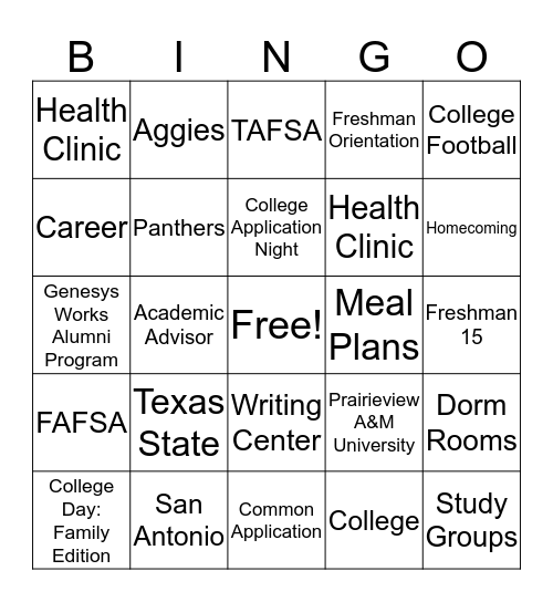 GW College Bingo Card