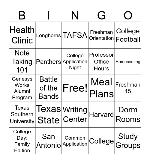 GW College Bingo Card