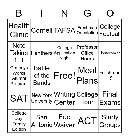 GW College Bingo Card