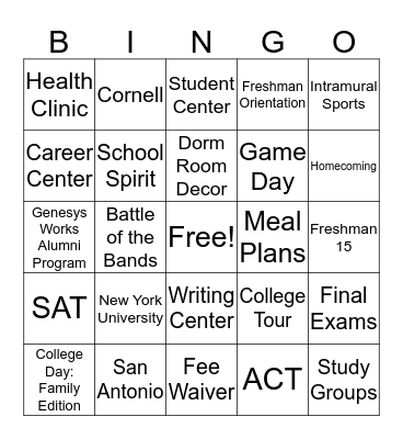 GW College Bingo Card