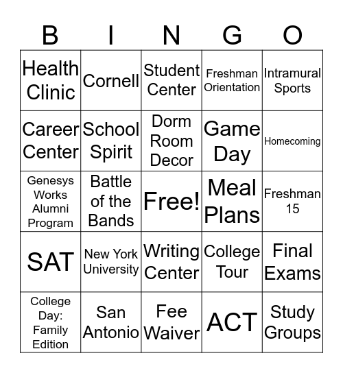 GW College Bingo Card