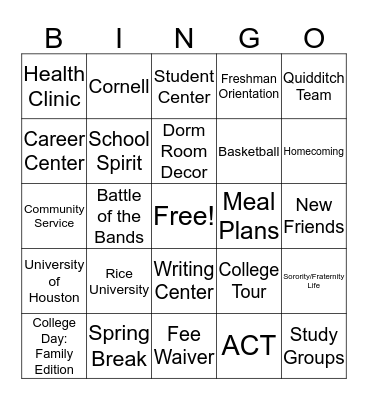GW College Bingo Card