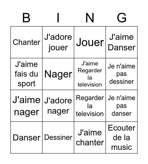 French Hobbies Bingo Card