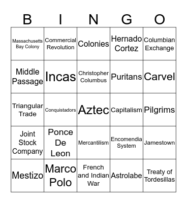 Age of Discovery and Trade Vocabulary Bingo Card