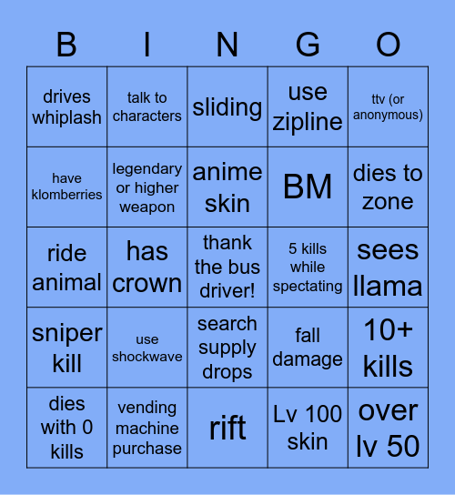 fortnite bingo Card