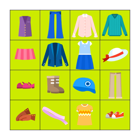 Clothes Bingo Card