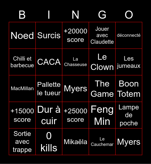 DEAD BY DAYLIGHT BINGO Card