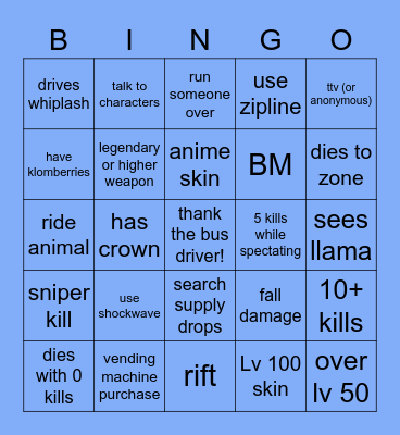 fortnite bingo Card