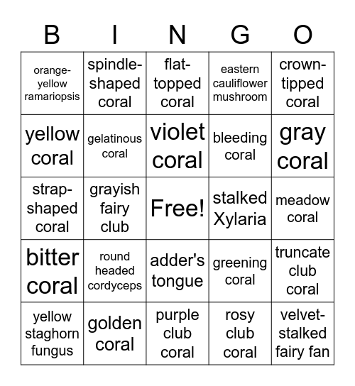 coral mushroom bingo Card