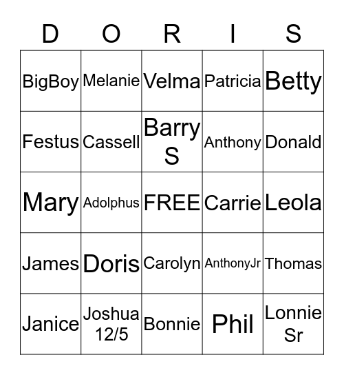 DMP Family Bingo Card