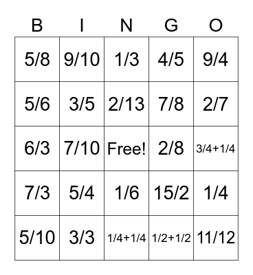 Fraction Bingo Card