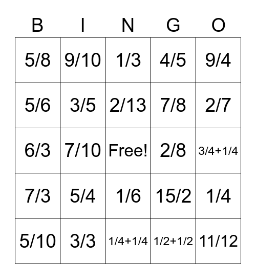 Fraction Bingo Card