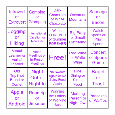 TripShot This or That Bingo Card