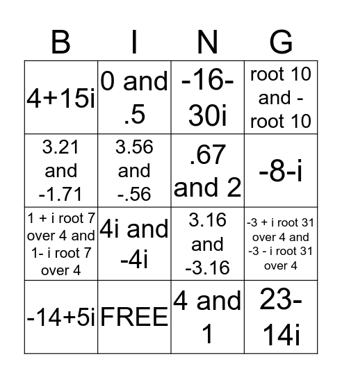 Complex Numbers Review Bingo Card