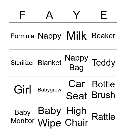 Faye's Baby Shower Bingo Card