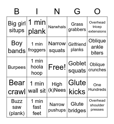Workout Bingo Card