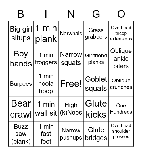 Workout Bingo Card