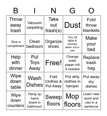 Chore Bingo Card