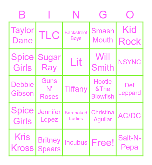 90's MUSIC Bingo Card