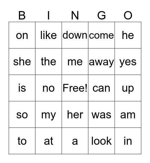 Sight Word Bingo Card