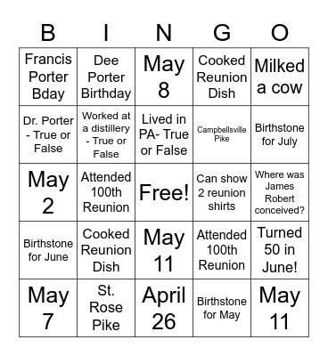 Porter May, June, July Birthday Celebration! Bingo Card