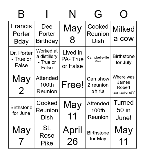 Porter May, June, July Birthday Celebration! Bingo Card