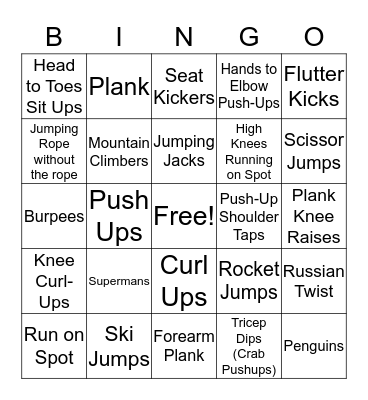 Fitness Bingo Fun Bingo Card