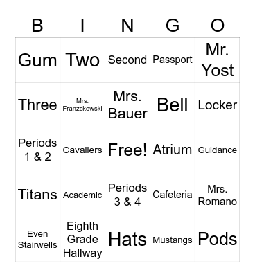 Wissahickon Middle School Bingo Card