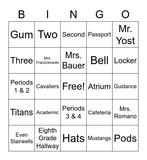 Wissahickon Middle School Bingo Card