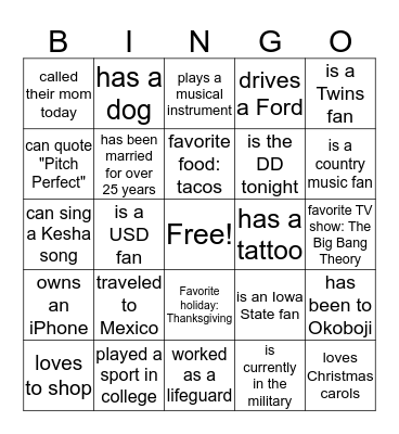 Kayla's Bacholerette Bingo Card