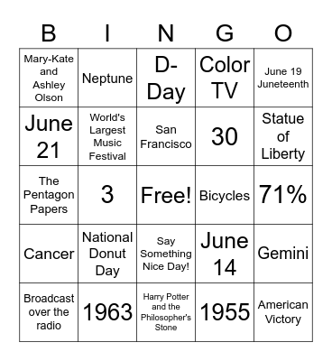 June Trivia Bingo Card