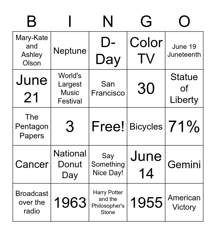 June Trivia Bingo Card