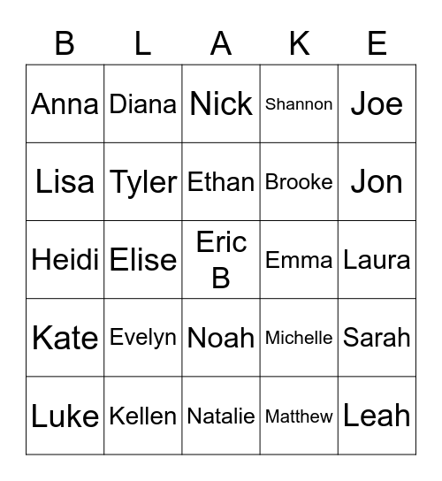 Blake Bingo Card