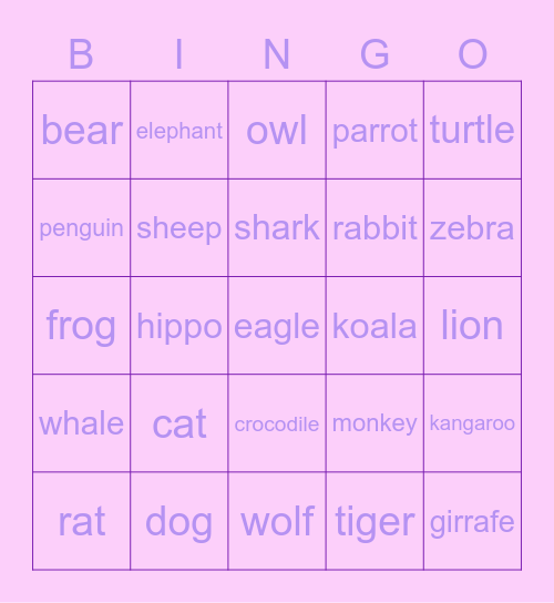 Animal Bingo Card