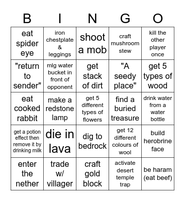 Minecraft lockout Bingo Card