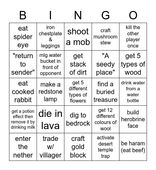 Minecraft lockout Bingo Card