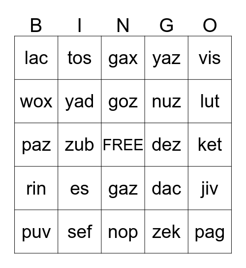 Nonsense Word BINGO Card