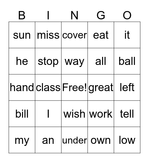 2nd Words Bingo Card