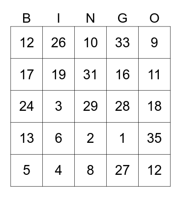 Lucky Number Bingo Card