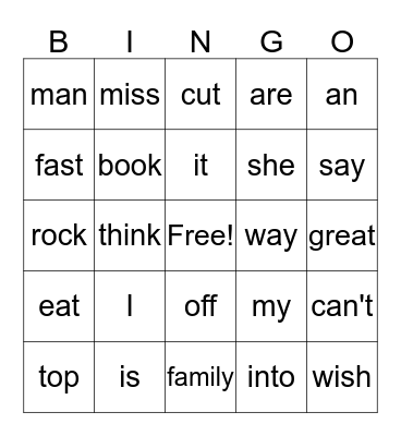 Kdg  Words Bingo Card