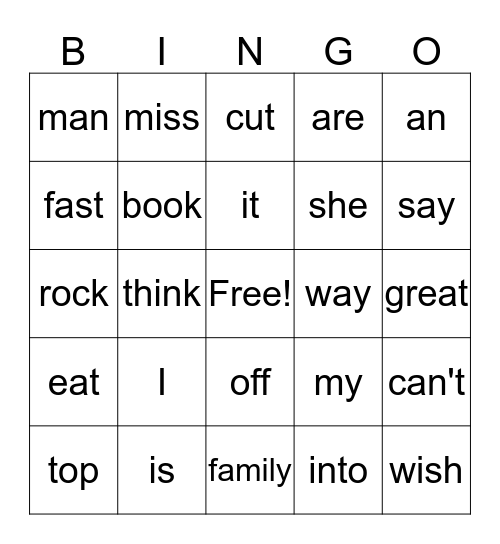 Kdg  Words Bingo Card