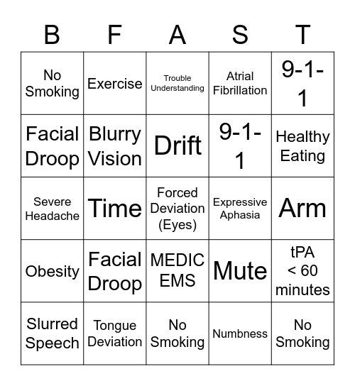 Stroke Prevention Bingo Card