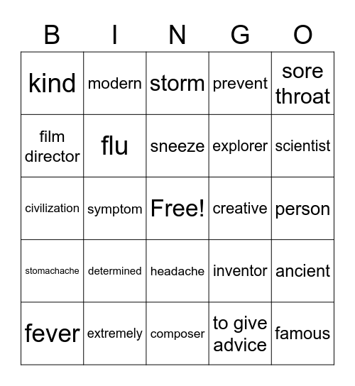 Vocabulary review Bingo Card