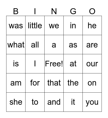 Sight Words Bingo Card